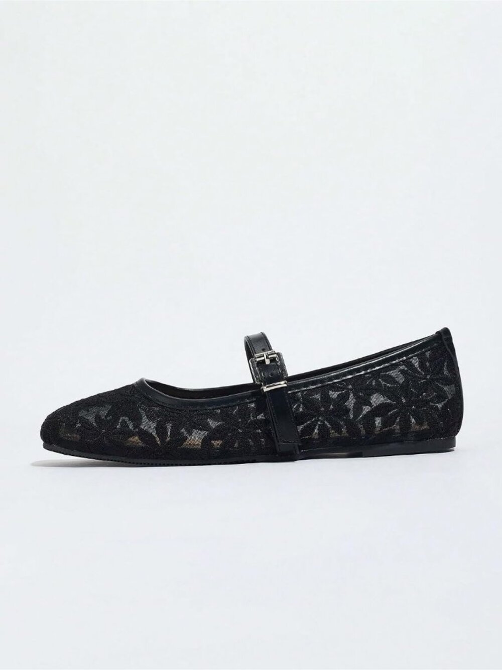 Women's Floral Black PU Leather Ballet Flats Square Toe Comfortable Casual Shoes - Picture 5 of 5